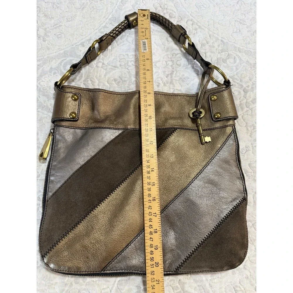 Fossil Handbag Patchwork Bronze Brown Suede Silver‎ Leather Shoulder Handbag